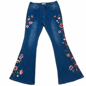 Bamboo Floral Embroidered Flare Jeans Size 11 Boho Rose Bell Bottoms Y2K